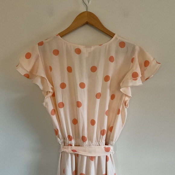 Lauren Conrad Faux Wrap Midi Dress Sz L Peach Orange Polka Dot Flutter Sleeve - Picture 5 of 11